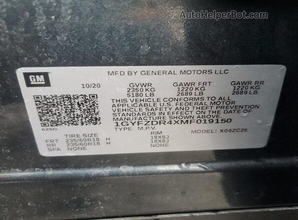1GYFZDR4XMF019150 2021 CADILLAC XT4 Угольный Вид наклейки с VIN-кодом