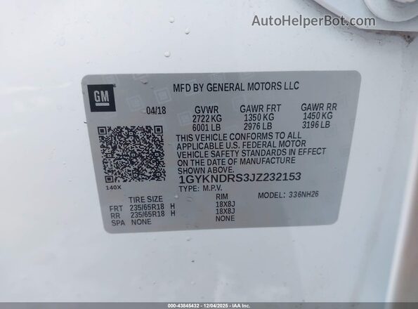 1GYKNDRS3JZ232153 2018 CADILLAC XT5 Белый 