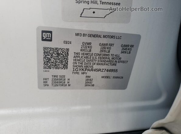 1GYKPAR45RZ744955 2024 CADILLAC OTHER White VIN կոդի պիտակի տեսք