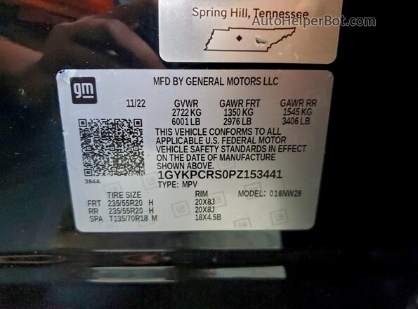 1GYKPCRS0PZ153441 2023 CADILLAC OTHER Черный Вид наклейки с VIN-кодом