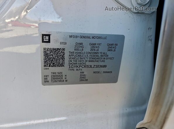 1GYKPCRS3LZ103689 2020 CADILLAC OTHER White Widok naklejki z numerem VIN
