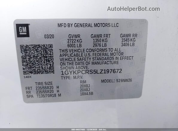 1GYKPCRS5LZ197672 2020 CADILLAC OTHER White ძრავის განყოფილების ხედი