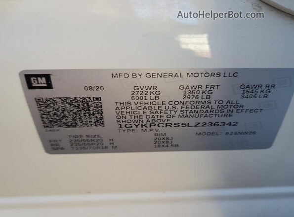 1GYKPCRS5LZ236342 2020 CADILLAC OTHER White Widok wnętrza 360 stopni