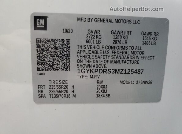 1GYKPDRS3MZ125487 2021 CADILLAC OTHER White Вид наклейки з VIN-кодом