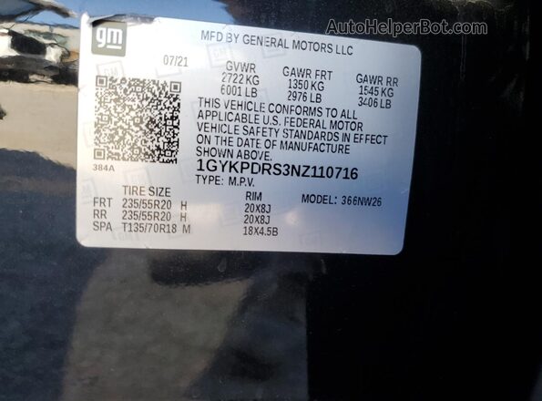 1GYKPDRS3NZ110716 2022 CADILLAC OTHER Black Widok naklejki z numerem VIN