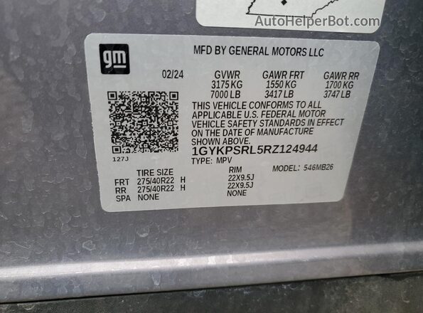 1GYKPSRL5RZ124944 2024 CADILLAC OTHER Silver Вид наклейки з VIN-кодом