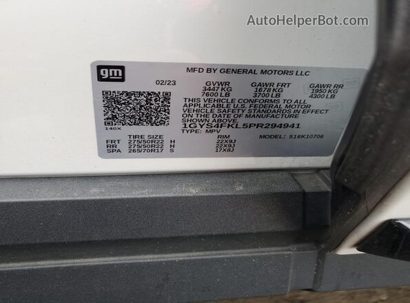 1GYS4FKL5PR294941 2023 CADILLAC ESCALADE Белый Вид наклейки с VIN-кодом