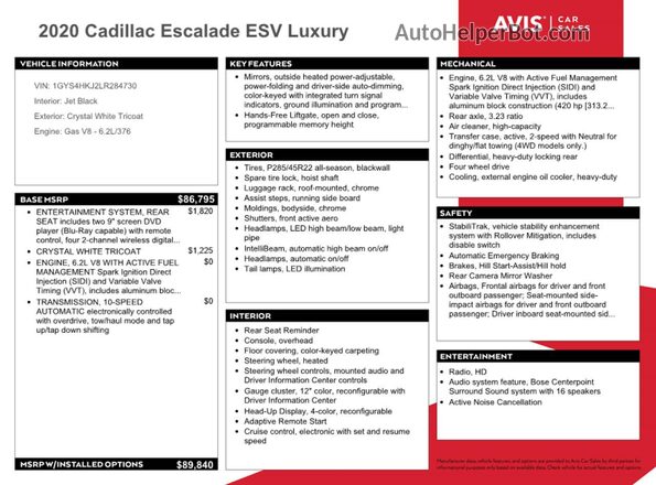 1GYS4HKJ2LR284730 2020 CADILLAC ESCALADE White Vista de la etiqueta del VIN