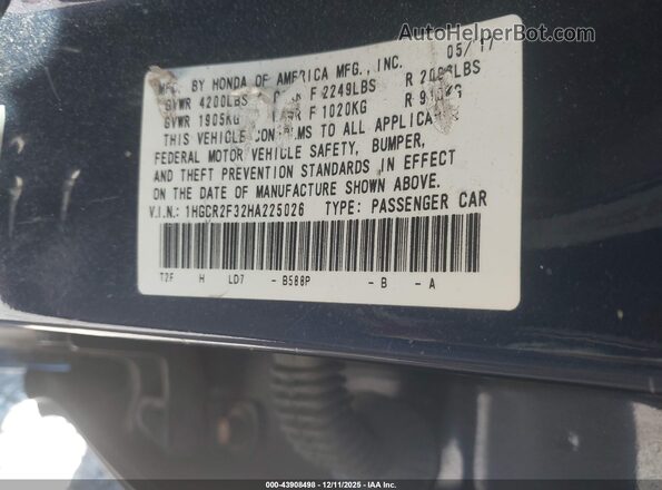 1HGCR2F32HA225026 2017 HONDA ACCORD Blue Widok komory silnika