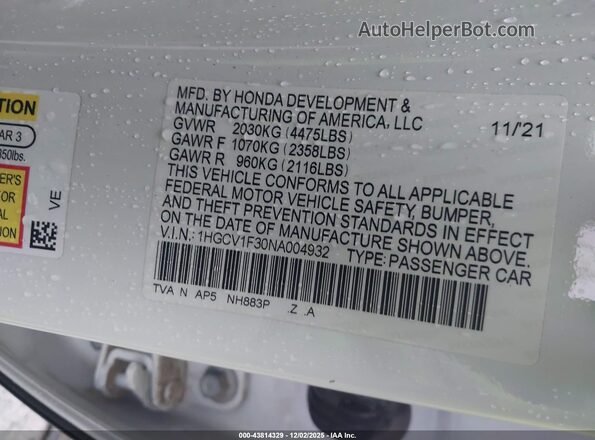 1HGCV1F30NA004932 2022 HONDA ACCORD Белый Вид подкапотного пространства