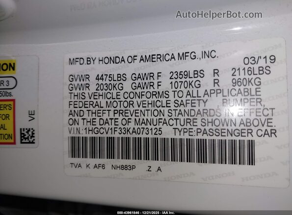 1HGCV1F33KA073125 2019 HONDA ACCORD Белый Вид подкапотного пространства