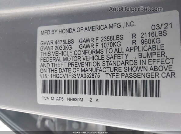 1HGCV1F33MA052875 2021 HONDA ACCORD Серебряный Вид подкапотного пространства