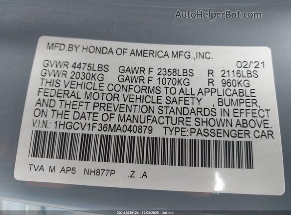 1HGCV1F36MA040879 2021 HONDA ACCORD Серый Вид подкапотного пространства