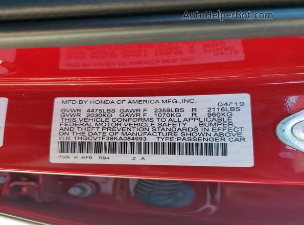 1HGCV1F38KA084993 2019 HONDA ACCORD Red Շարժիչի բաժամունքի տեսք