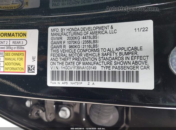 1HGCV1F39NA103149 2022 HONDA ACCORD Black Vista del compartimento del motor