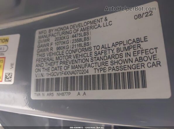 1HGCV1F4XNA070204 2022 HONDA ACCORD Light Blue Вид подкапотного пространства