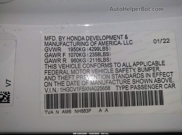 1HGCV1F5XNA025658 2022 HONDA ACCORD White Engine compartment view