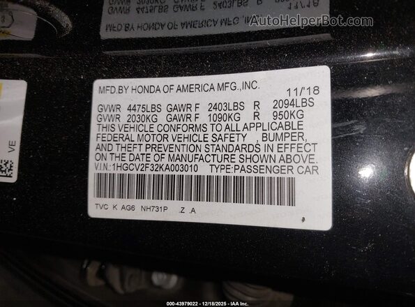 1HGCV2F32KA003010 2019 HONDA ACCORD Black Շարժիչի բաժամունքի տեսք