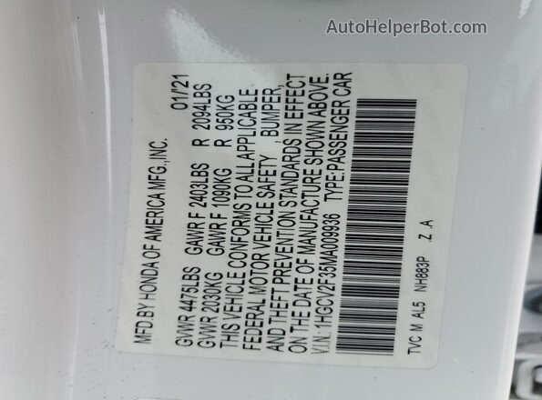 1HGCV2F35MA009936 2021 HONDA ACCORD White ძრავის განყოფილების ხედი