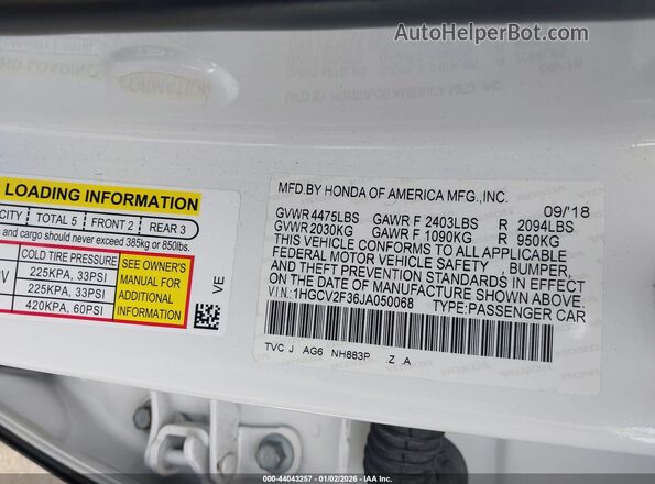 1HGCV2F36JA050068 2018 HONDA ACCORD White Widok komory silnika