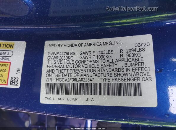 1HGCV2F36LA022547 2020 HONDA ACCORD Синий Вид подкапотного пространства