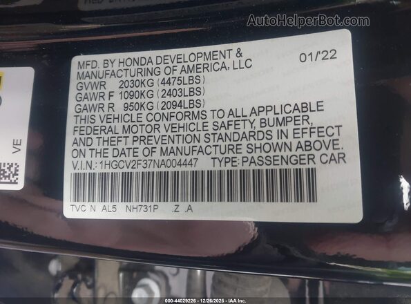 1HGCV2F37NA004447 2022 HONDA ACCORD Black Widok komory silnika