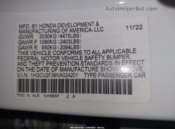 1HGCV2F39NA024201 2022 HONDA ACCORD White Շարժիչի բաժամունքի տեսք