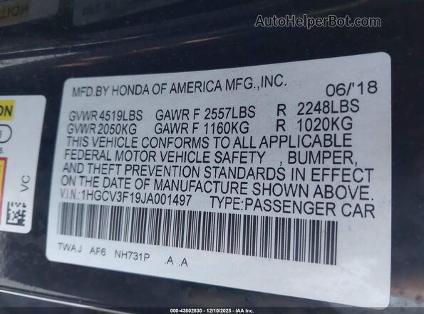 1HGCV3F19JA001497 2018 HONDA ACCORD Черный Вид подкапотного пространства