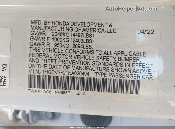 1HGCV3F21NA020494 2022 HONDA ACCORD White Շարժիչի բաժամունքի տեսք