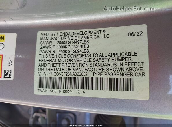 1HGCV3F26NA026632 2022 HONDA ACCORD Silver ძრავის განყოფილების ხედი