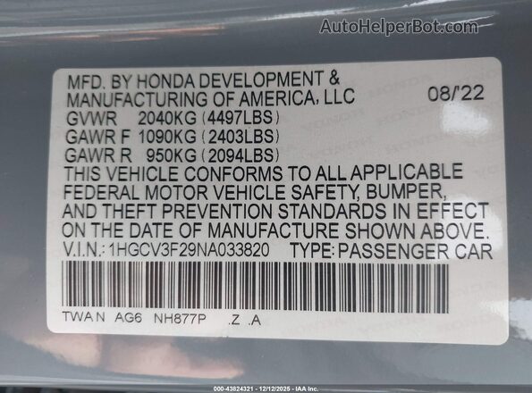 1HGCV3F29NA033820 2022 HONDA ACCORD Gray Widok komory silnika