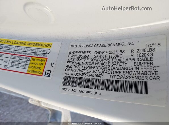 1HGCV3F57JA016471 2018 HONDA ACCORD HYBRID Белый 
