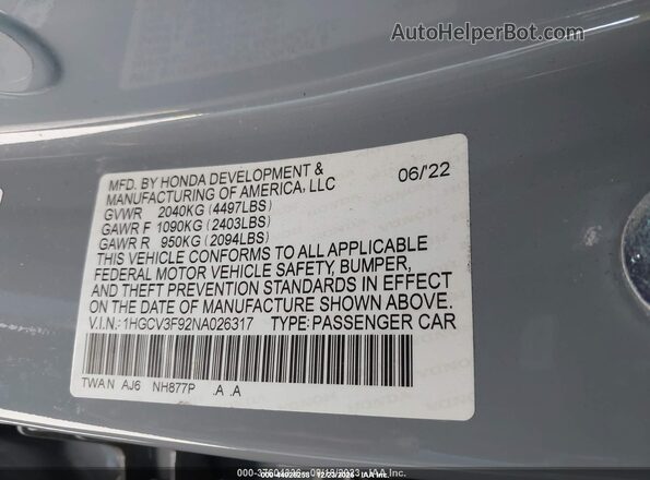 1HGCV3F92NA026317 2022 HONDA ACCORD Gray ძრავის განყოფილების ხედი