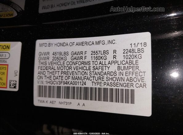 1HGCV3F94KA001124 2019 HONDA ACCORD HYBRID Black 