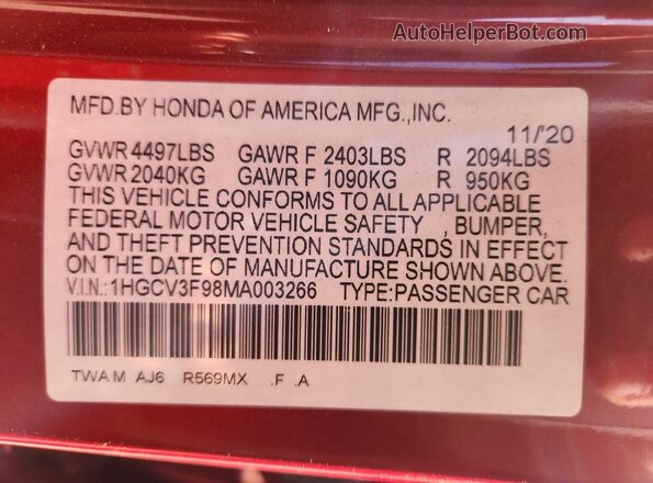 1HGCV3F98MA003266 2021 HONDA ACCORD Red 