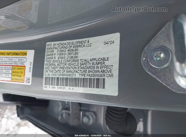1HGCY2F66RA060273 2024 HONDA ACCORD Gray VIN კოდის სტიკერის ხედი