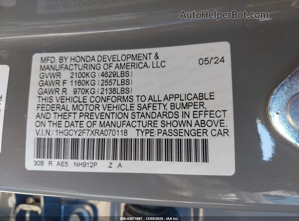 1HGCY2F7XRA070118 2024 HONDA ACCORD Gray Engine compartment view