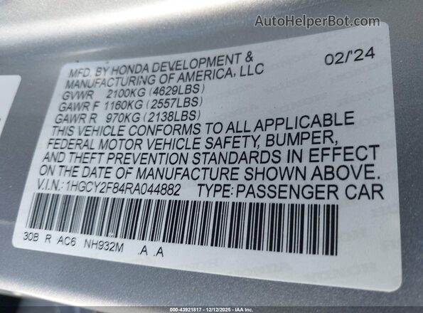 1HGCY2F84RA044882 2024 HONDA ACCORD Silver Engine compartment view