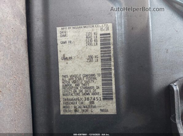 1N4AA6AP6JC387451 2018 NISSAN MAXIMA Gray 