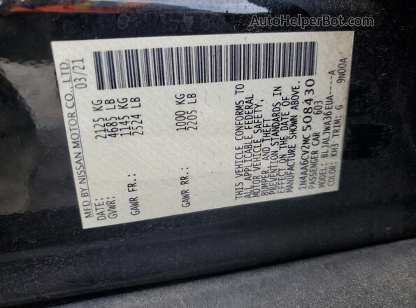 1N4AA6CV2MC508430 2021 NISSAN MAXIMA Black Vista de la etiqueta del VIN