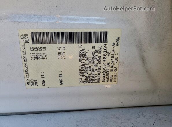 1N4AA6EV3LC386169 2020 NISSAN MAXIMA SR White Вид підкапотного простору