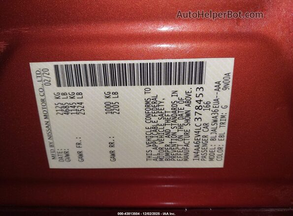 1N4AA6EV4LC378453 2020 NISSAN MAXIMA SR Orange Շարժիչի բաժամունքի տեսք