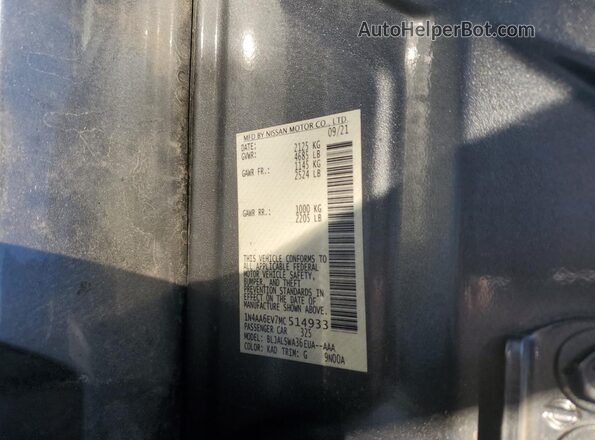 1N4AA6EV7MC514933 2021 NISSAN MAXIMA SR Gray Widok naklejki z numerem VIN
