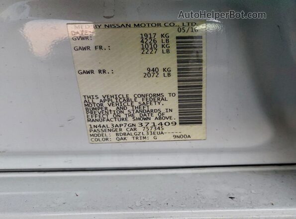 1N4AL3AP7GN371409 2016 NISSAN ALTIMA White Вид підкапотного простору