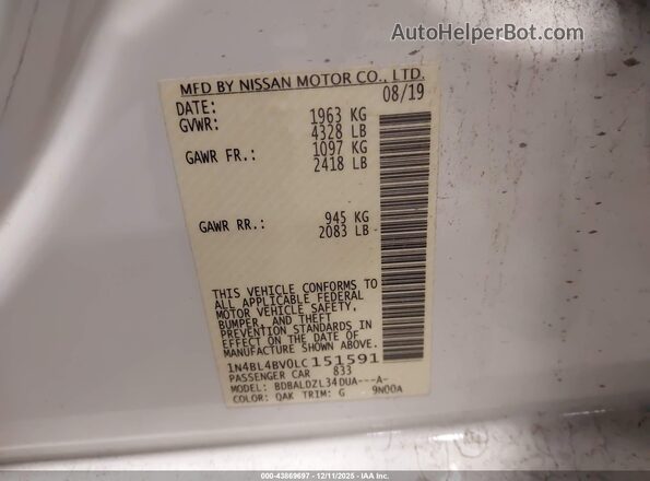 1N4BL4BV0LC151591 2020 NISSAN ALTIMA White Engine compartment view