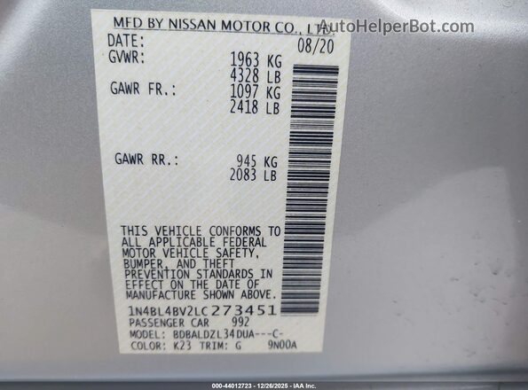 1N4BL4BV2LC273451 2020 NISSAN ALTIMA Silver Vista del compartimento del motor