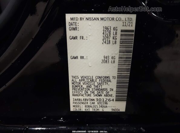 1N4BL4BV3NN301264 2022 NISSAN ALTIMA Black ძრავის განყოფილების ხედი