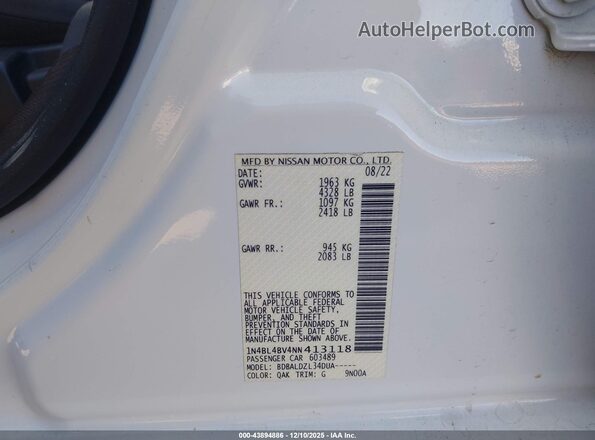 1N4BL4BV4NN413118 2022 NISSAN ALTIMA White ძრავის განყოფილების ხედი