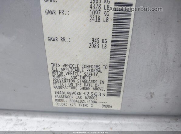 1N4BL4BV6KN325635 2019 NISSAN ALTIMA Silver Vista del compartimento del motor