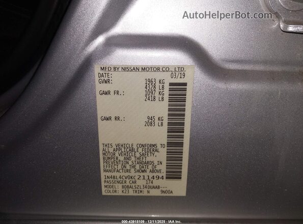 1N4BL4CV0KC211494 2019 NISSAN ALTIMA Gray Vista del compartimento del motor